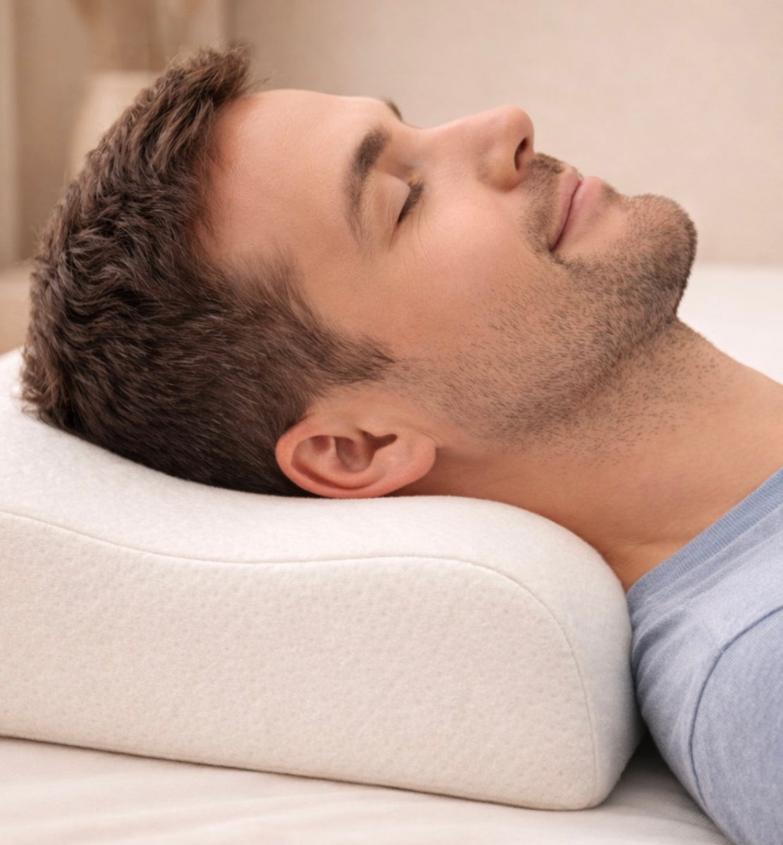 Cervalis posé sur lit, soutien cervical pour dormeurs sur le dos et sur le côté — Fabriqué en France